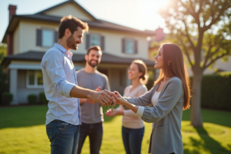 Agent immobilier remettant les clés à une famille heureuse devant une maison