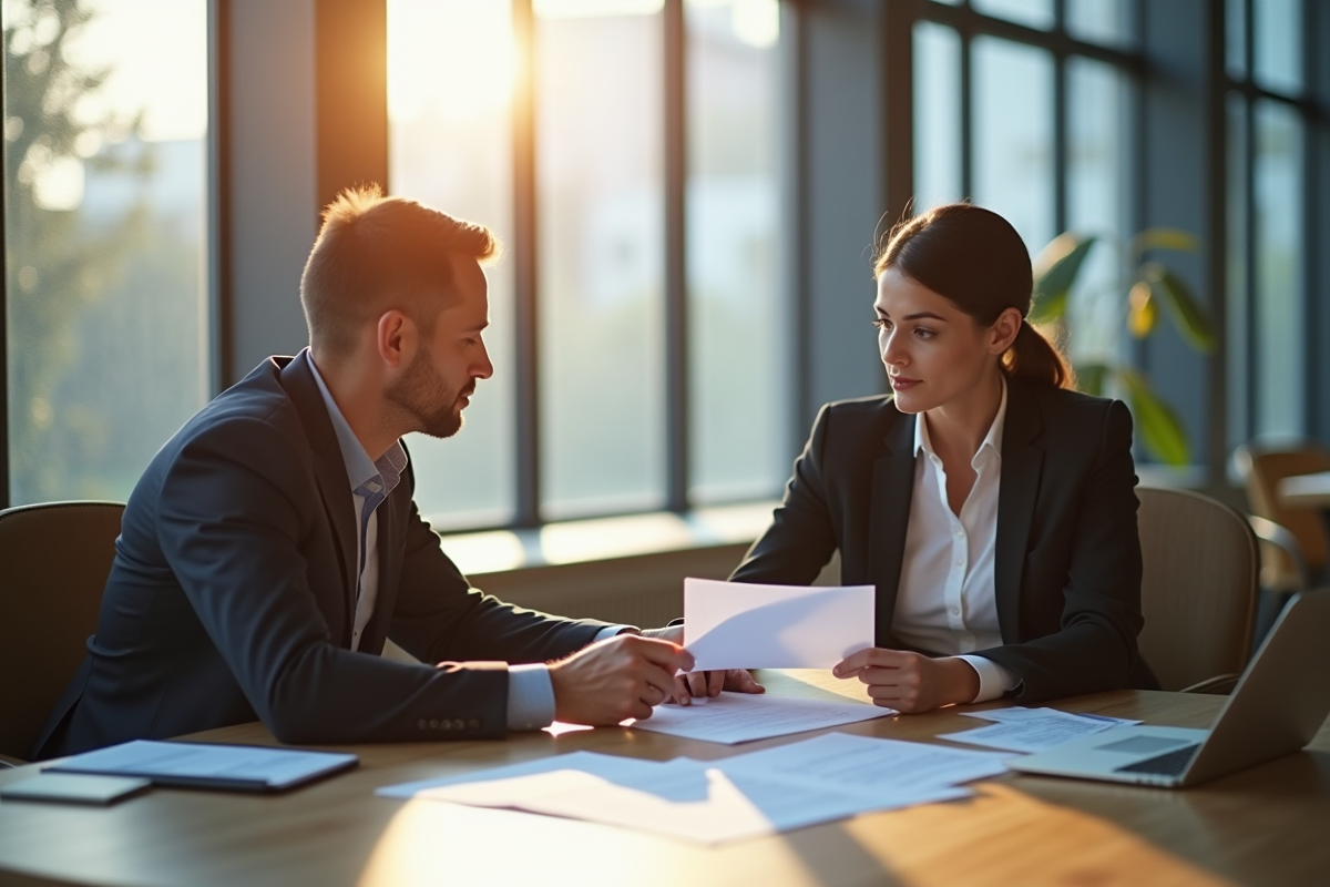 Agent immobilier et client examinant un contrat dans un bureau lumineux