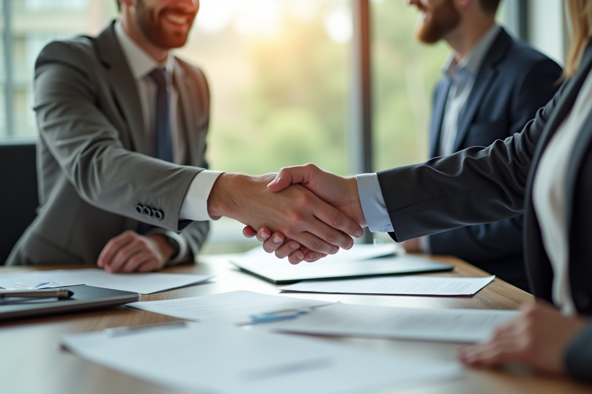 Agent immobilier et locataire se serrant la main dans un bureau