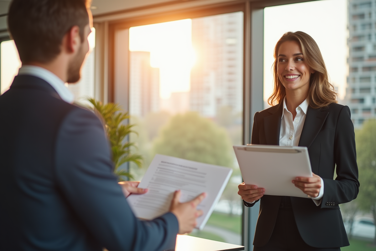 Agent immobilier confiant dans un bureau lumineux discutant avec un client