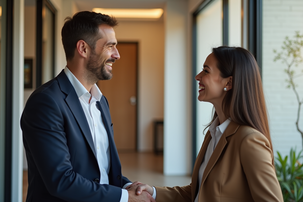 Agent immobilier souriant rencontrant un client devant une maison moderne