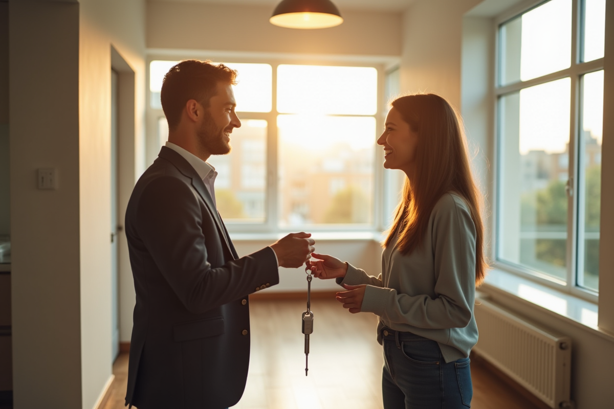 Agent immobilier remettant les clés à un locataire souriant dans un appartement rénové