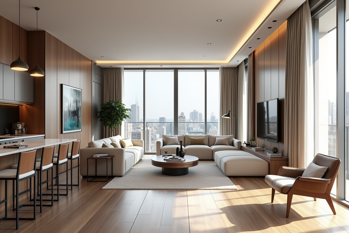 Intérieur d'un appartement moderne lumineux avec grandes fenêtres