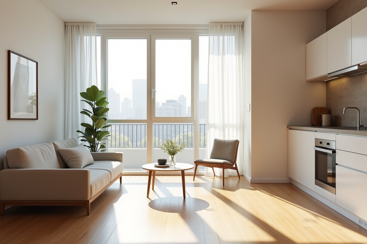 Intérieur lumineux d'un studio moderne avec grandes fenêtres