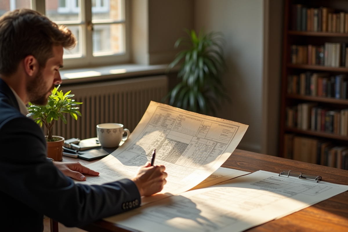 Architecte examinant plans et factures dans un bâtiment rénové
