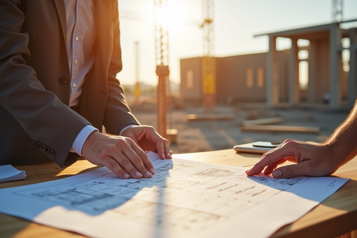 Deux architectes examinant des plans de construction en plein jour
