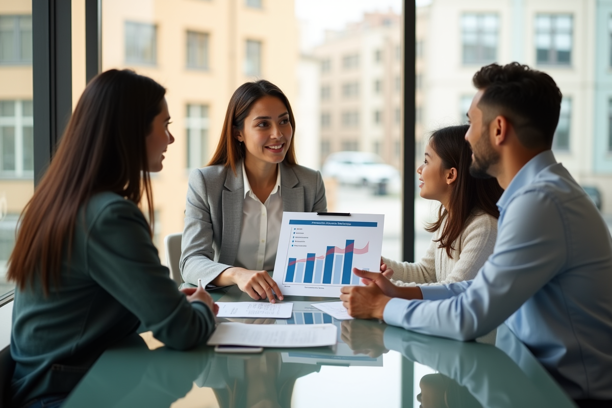 Conseiller financier présentant un graphique à une famille