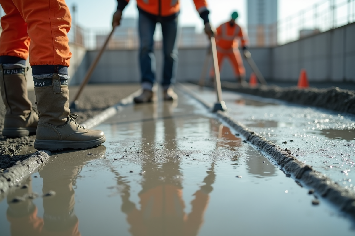 Nouvelle dalle de béton en construction avec ouvriers en sécurité