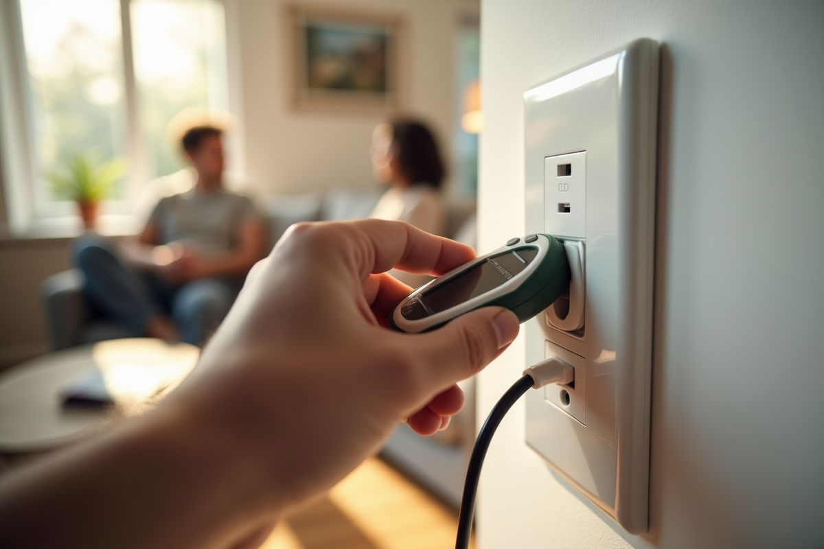 Main branchant un compteur électrique dans un salon lumineux