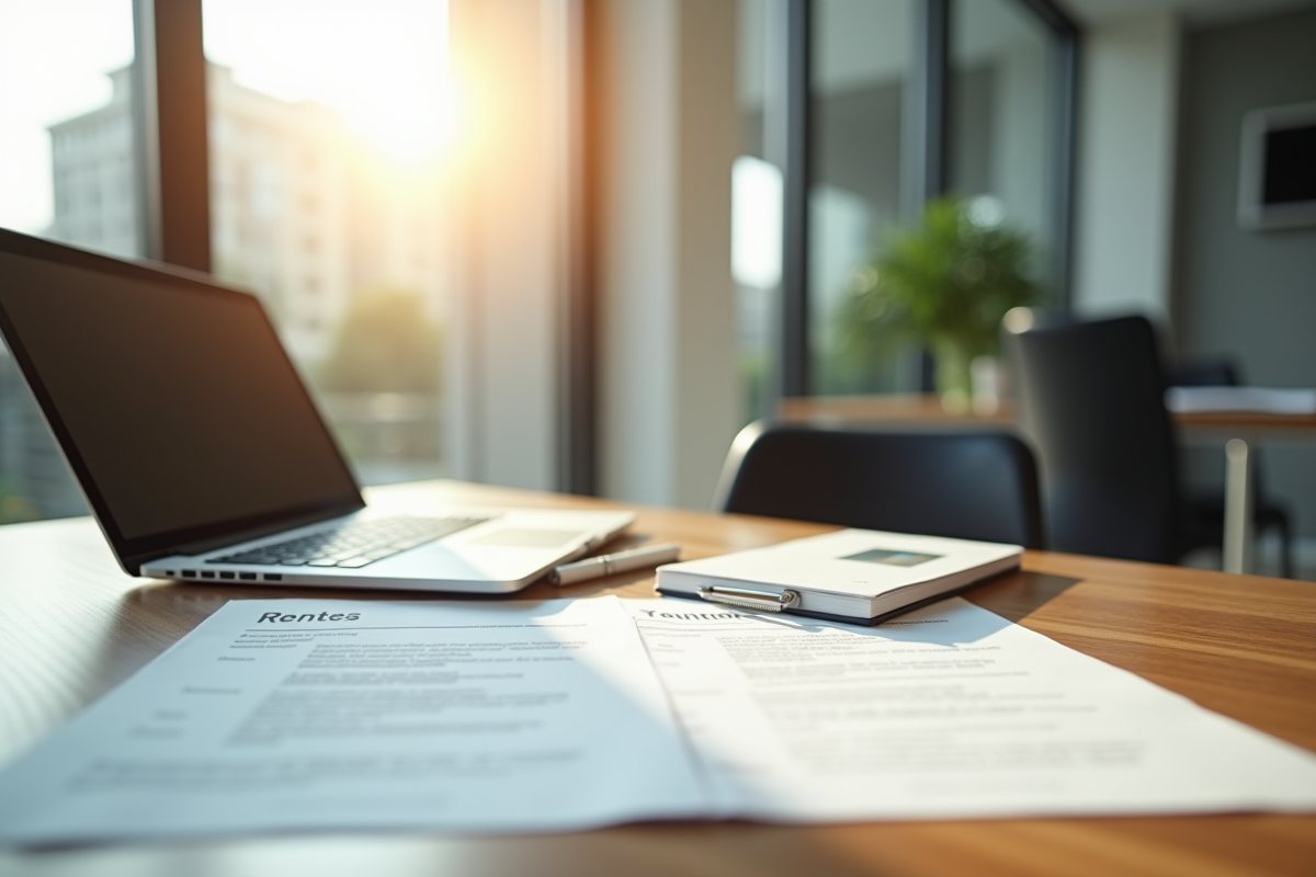 Bureau moderne avec documents fiscaux et ordinateur lumineux