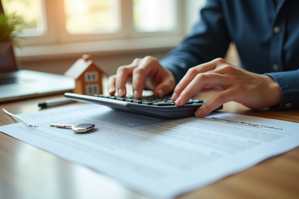 Mains avec calculatrice et papiers sur un bureau lumineux