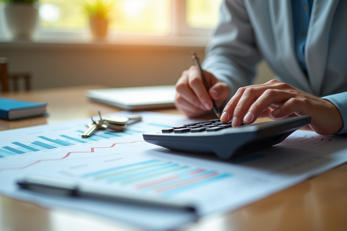 Main utilisant une calculatrice avec documents financiers