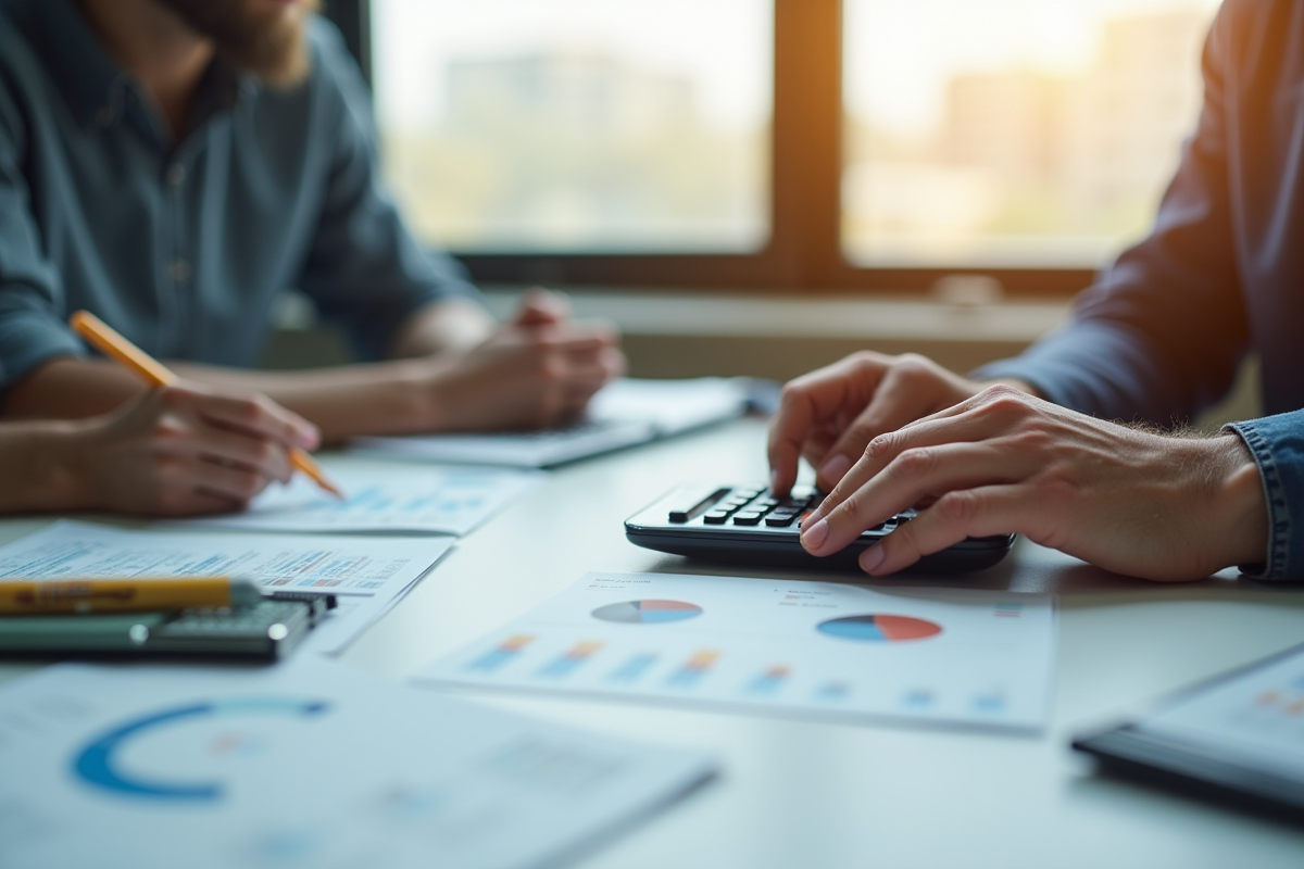 Main d’un ouvrier calculant le budget avec outils et graphiques
