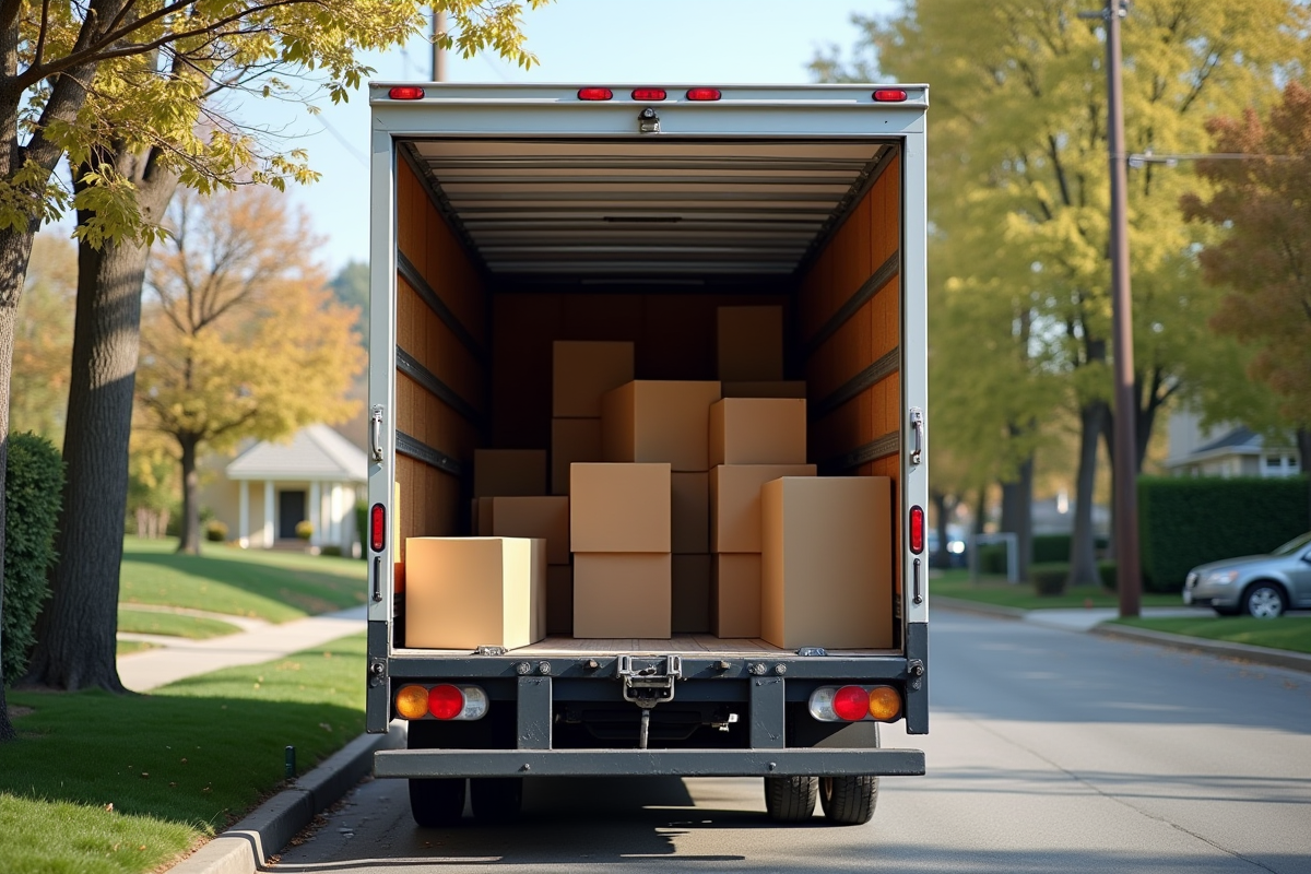 Camion de demenagement vide stationne en journee