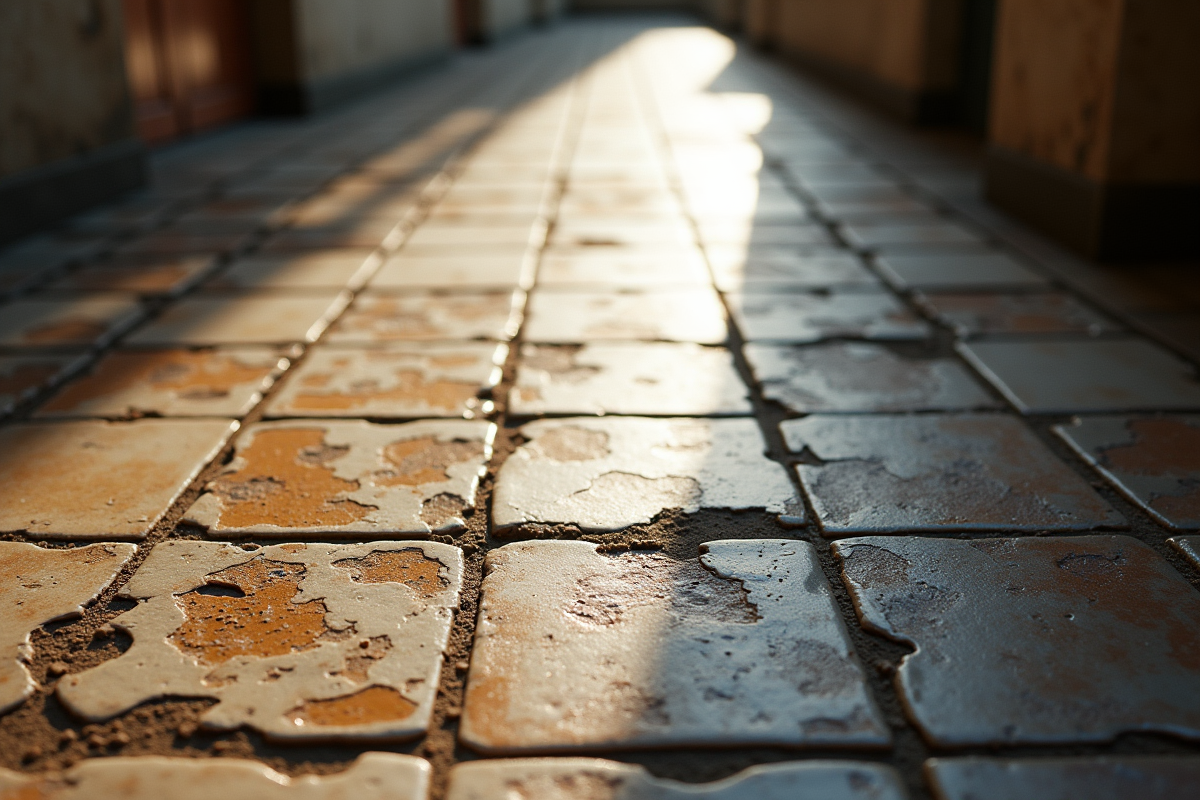 Détail de carrelage usé dans une entrée avec ombres marquées