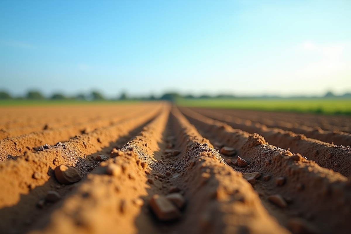 Champ agricole labouré sous un ciel bleu clair