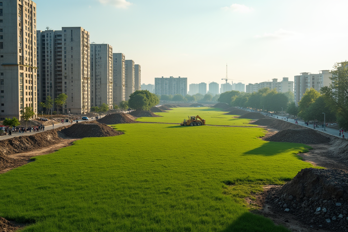 Chantier avec machines et résidents devant nouveaux immeubles