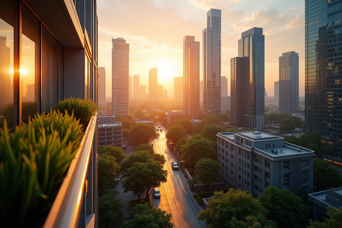 Silhouette de la ville au lever du soleil avec gratte-ciel et jardins sur les toits