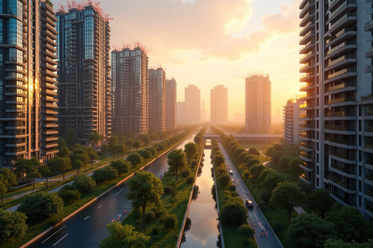 Paysage urbain moderne au lever du soleil avec bâtiments en construction