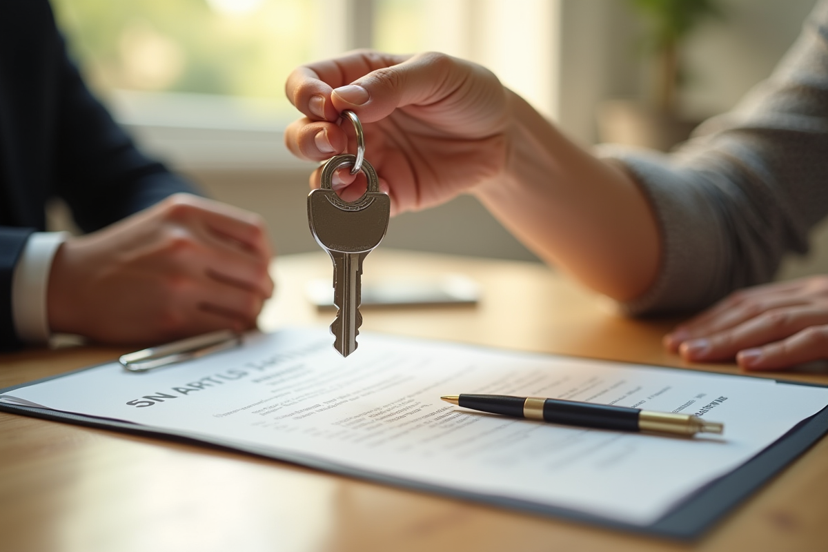 Mains échangeant des clés et un contrat de location sur un bureau ensoleille