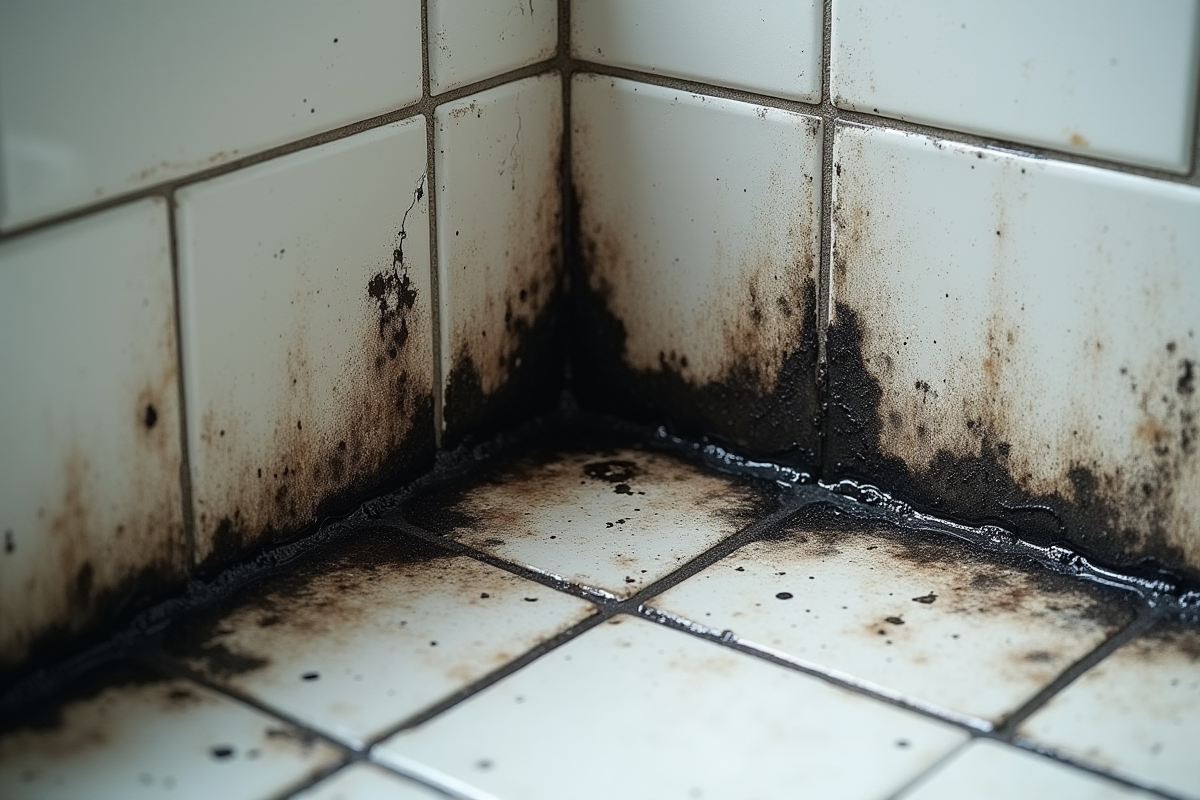 Coin de salle de bain endommagé avec moisissure noire sur les carreaux