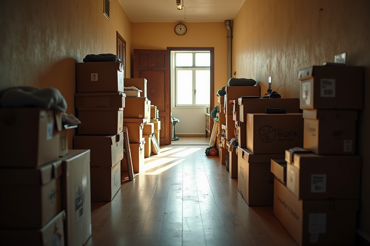 Couloir encombre avec cartons et effets personnels dans un immeuble