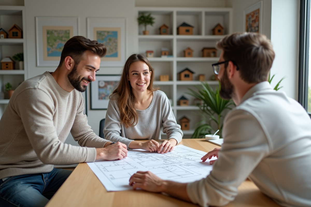 Jeune couple discutant plans immobiliers dans agence lumineuse