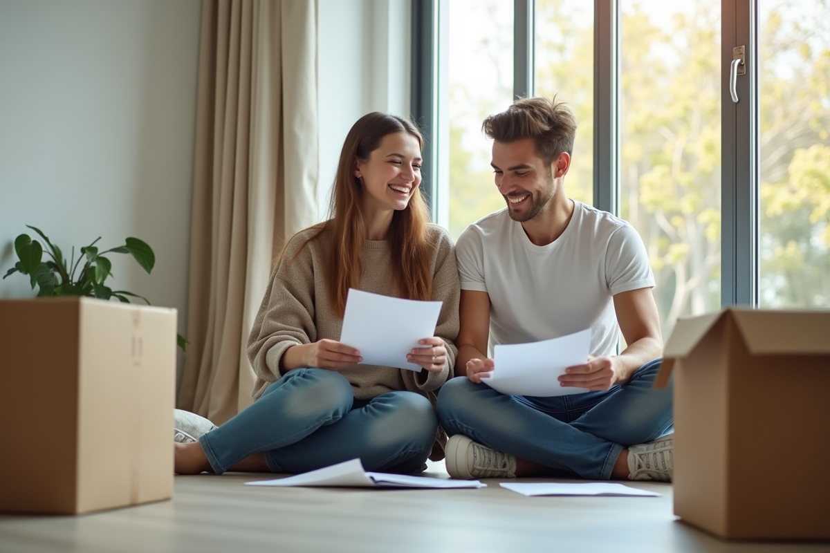 Couple souriant dans leur appartement en déménagement