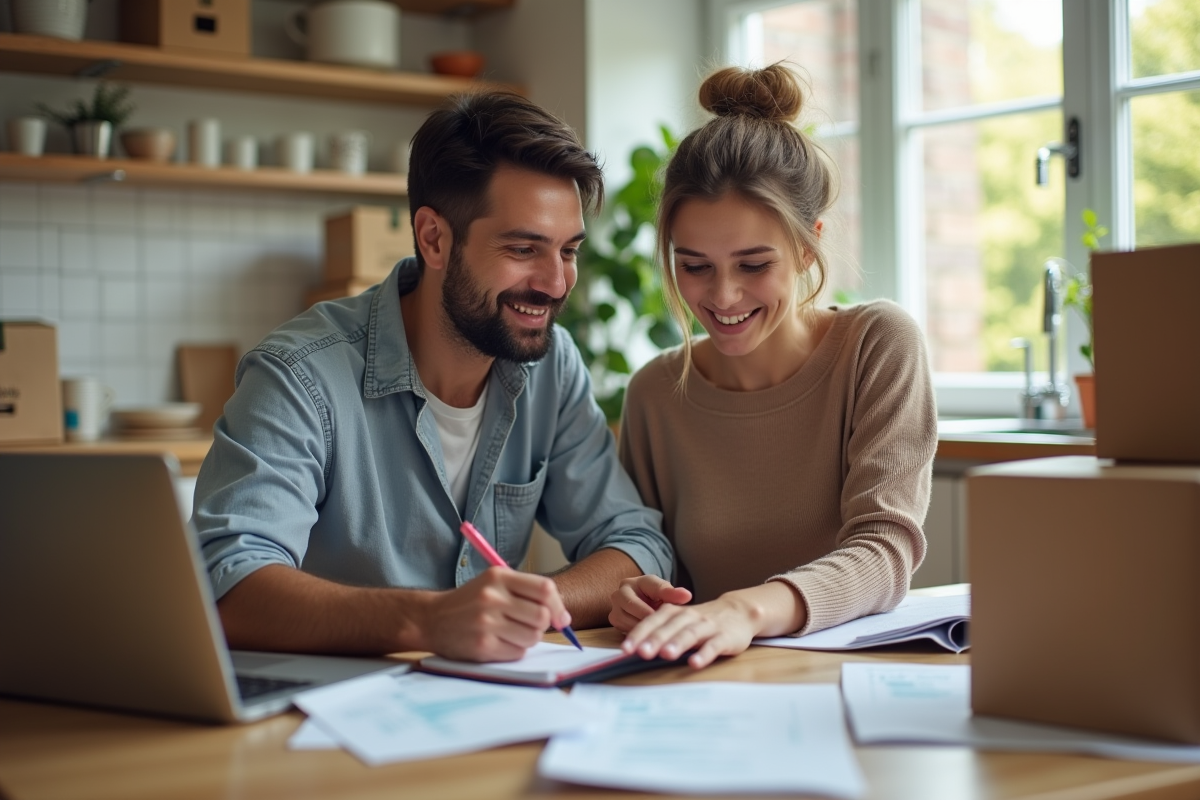 Couple calculant leurs dépenses avec ordinateur et carnet