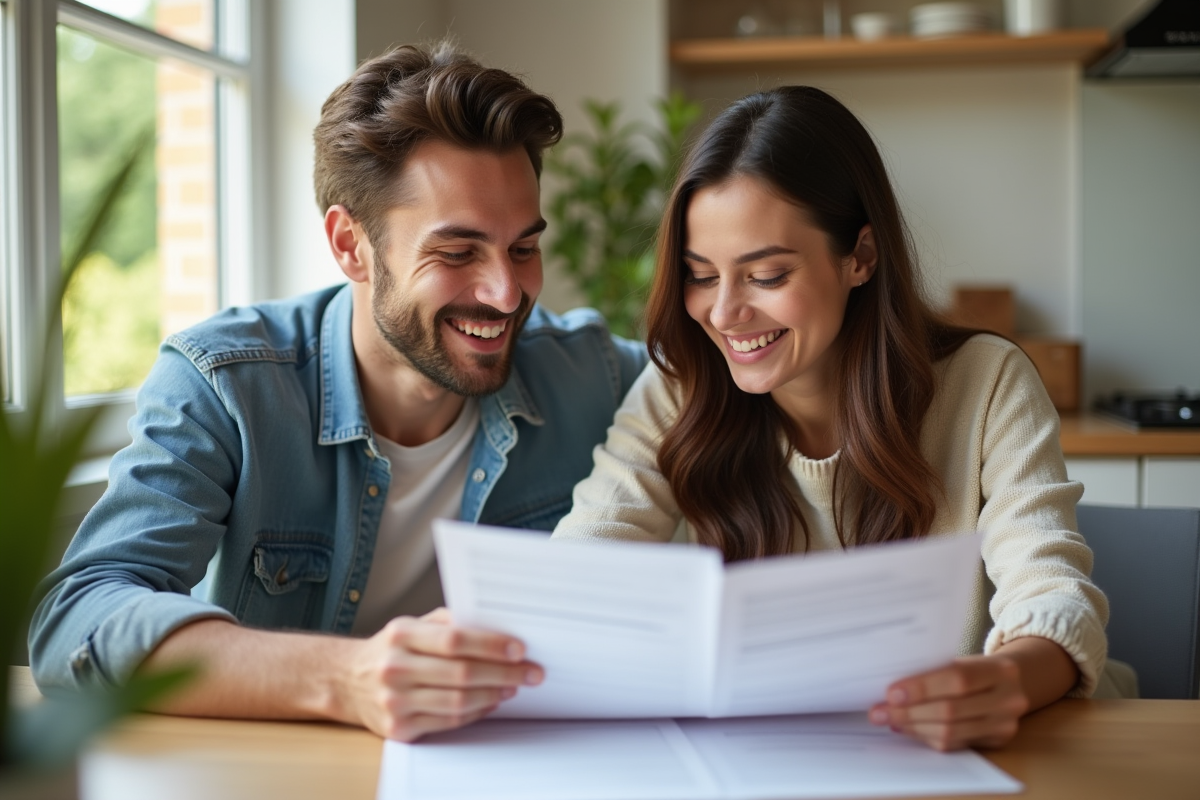 Jeune couple souriant examinant des documents immobiliers