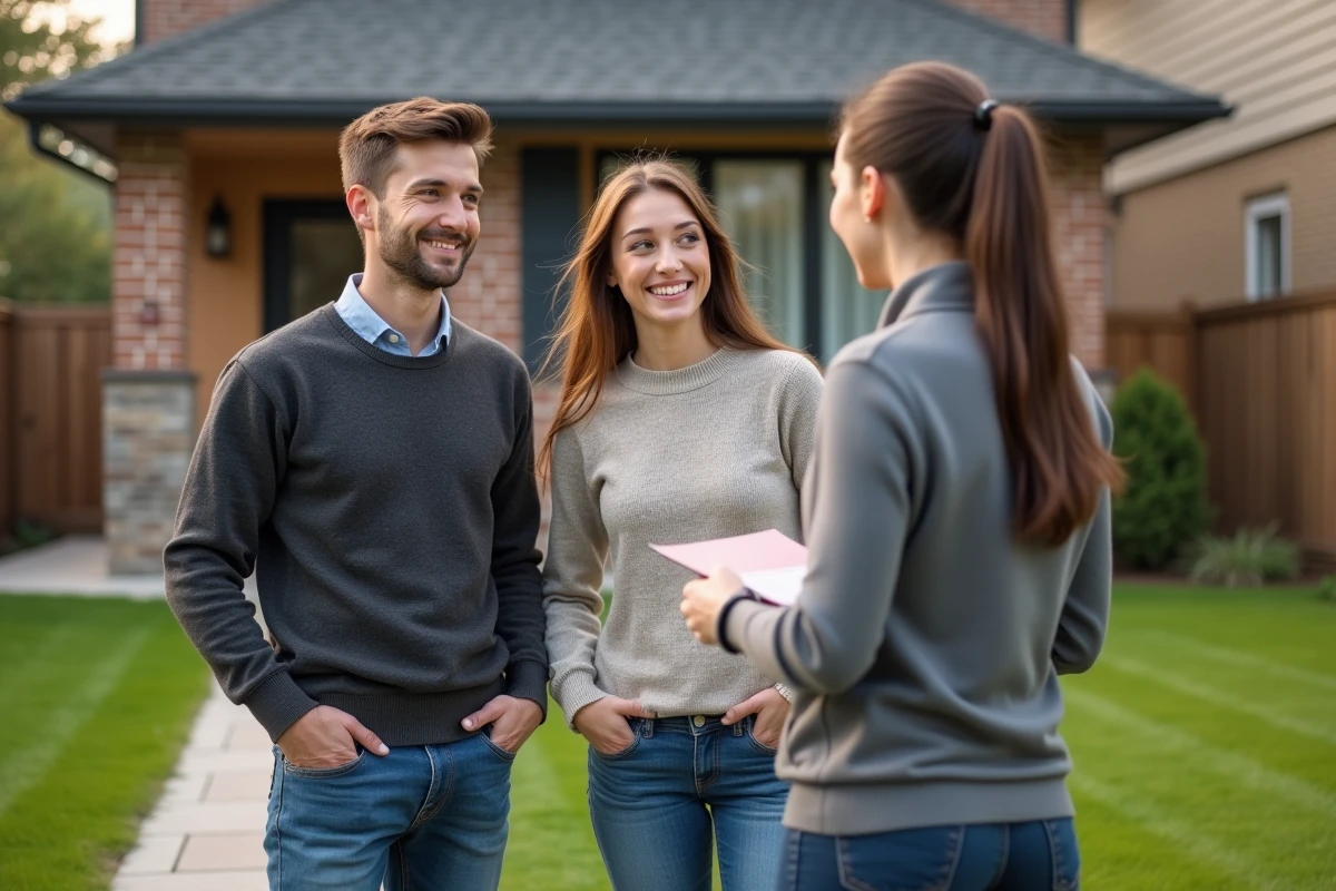 Jeune couple souriant devant une maison en discutant avec un agent immobilier