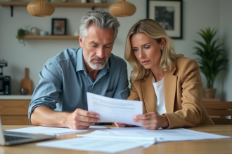 Couple d'adultes examinant des documents immobiliers dans un intérieur lumineux