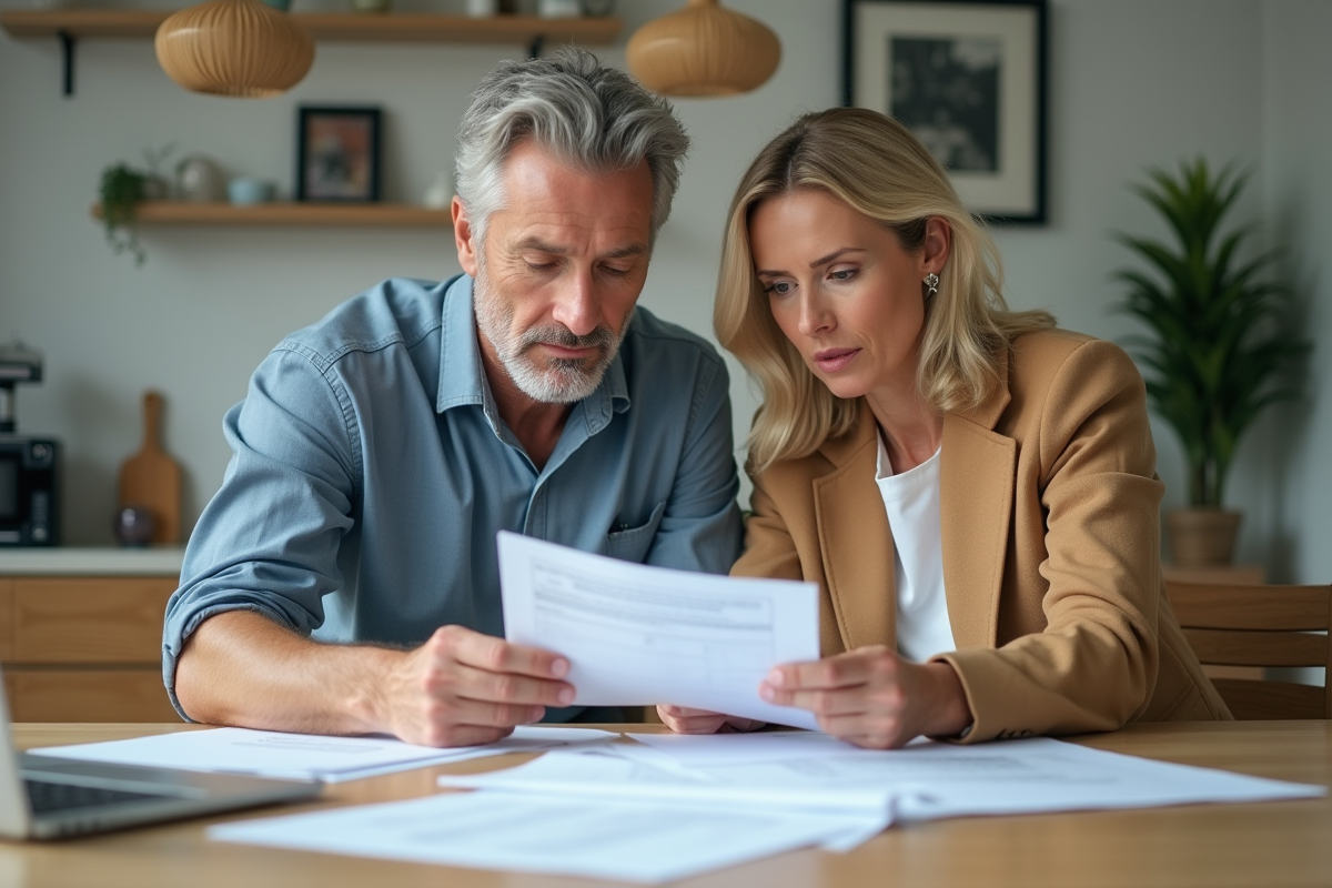 Couple d'adultes examinant des documents immobiliers dans un intérieur lumineux