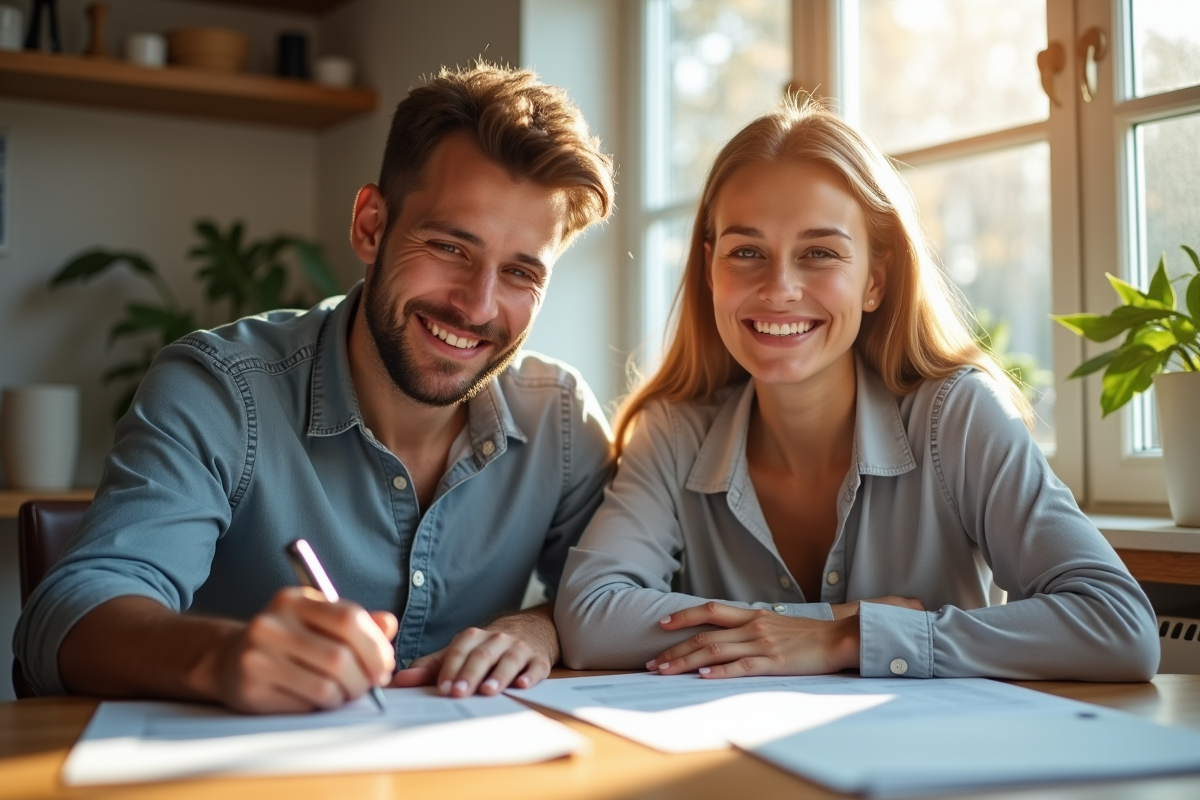 Jeune couple souriant à une maison en train de signer des documents