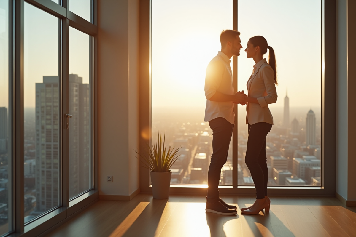 Jeune couple rencontrant un agent immobilier dans un appartement lumineux
