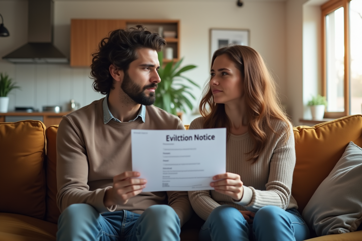 Jeune couple inquiet avec avis d'expulsion dans leur salon