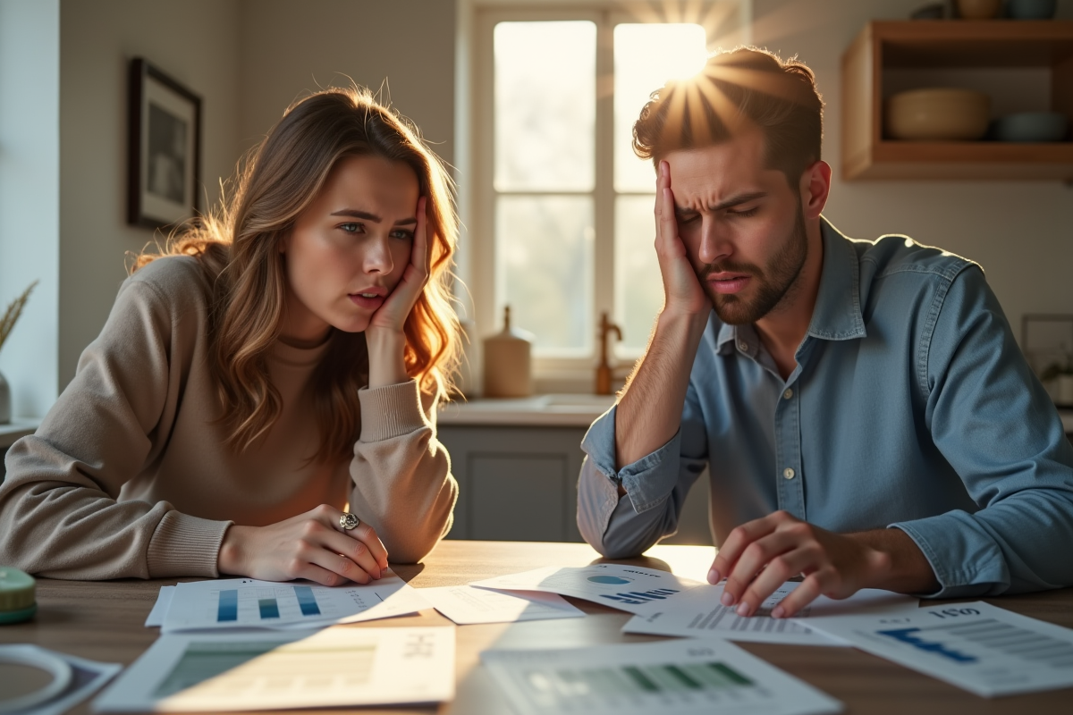Jeune couple inquiet à la cuisine avec factures et documents