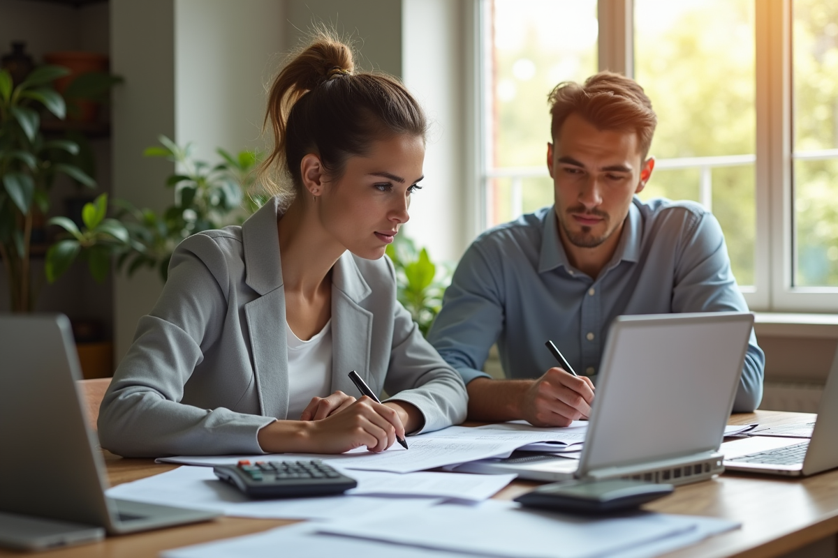 Jeune couple d'investisseurs immobiliers en réunion