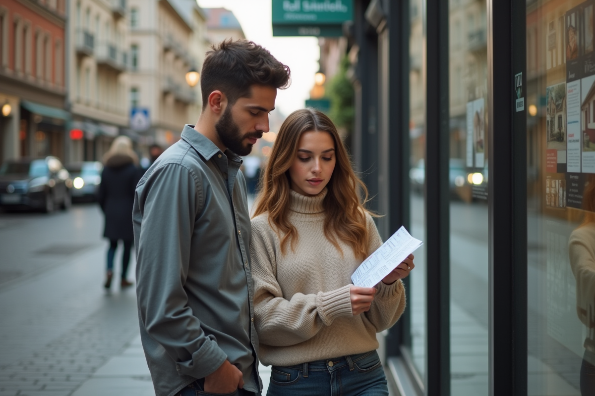 Jeune couple regardant des annonces immobilières dans la rue