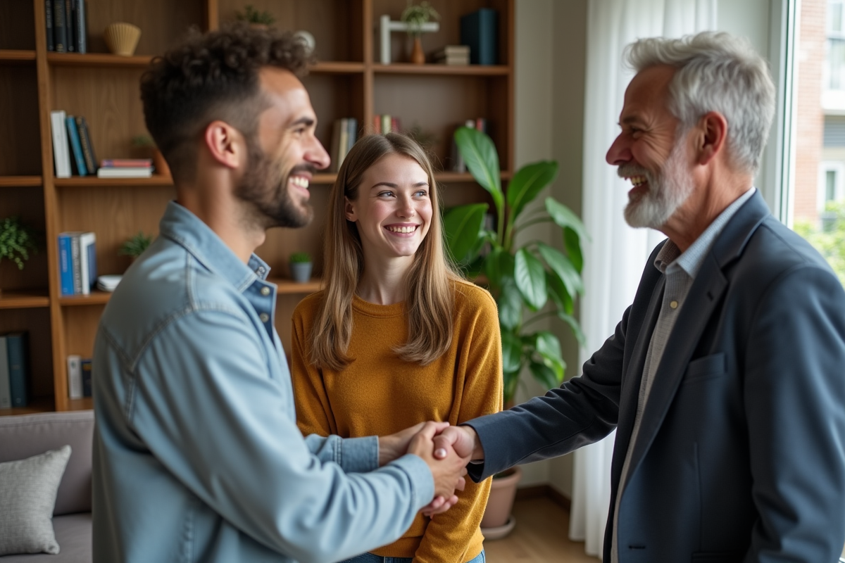 Jeune couple souriant serre la main d un homme