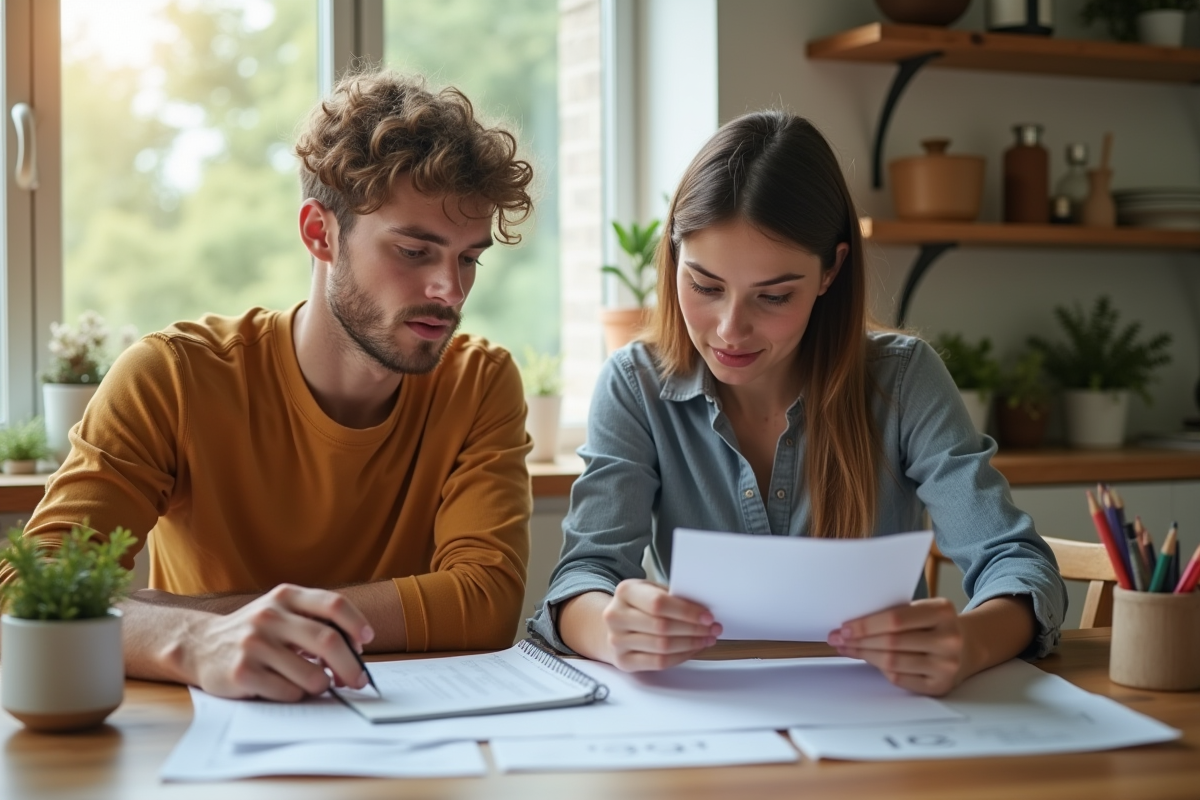Jeune couple discutant de documents dans la cuisine lumineuse