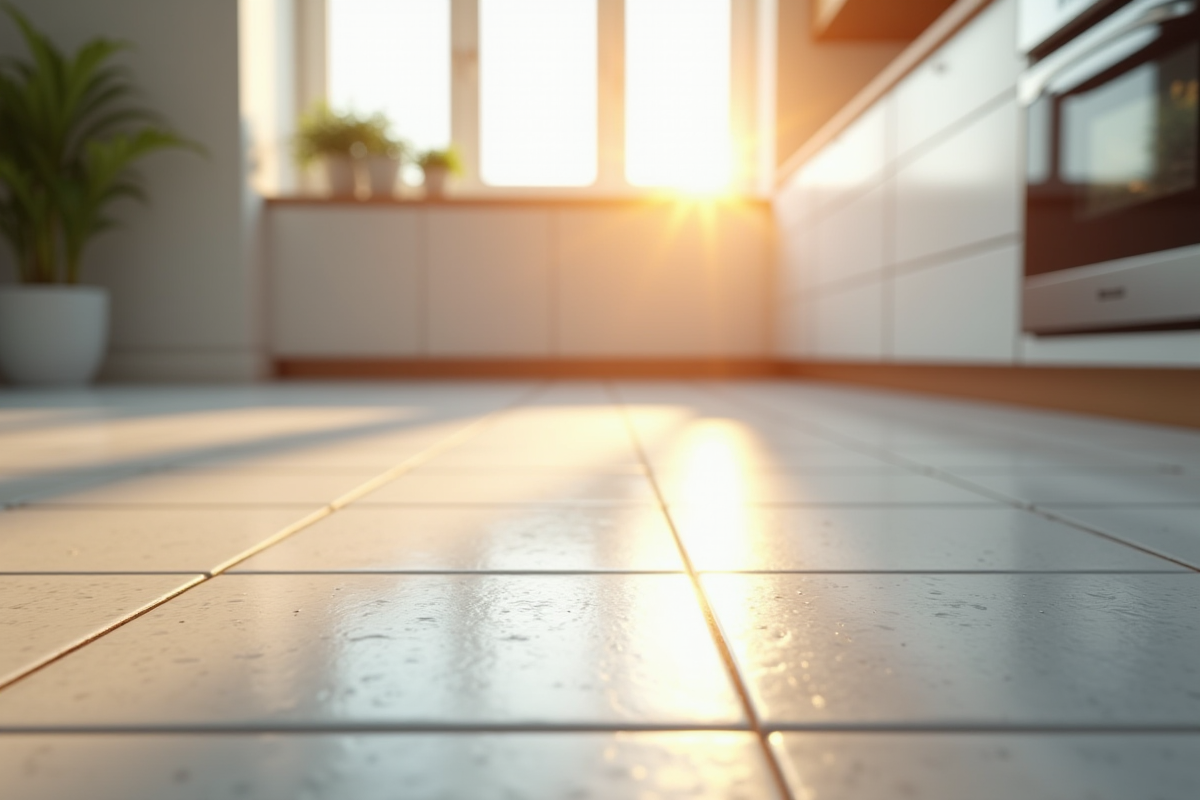 Cuisine moderne avec carrelage lumineux et reflet naturel