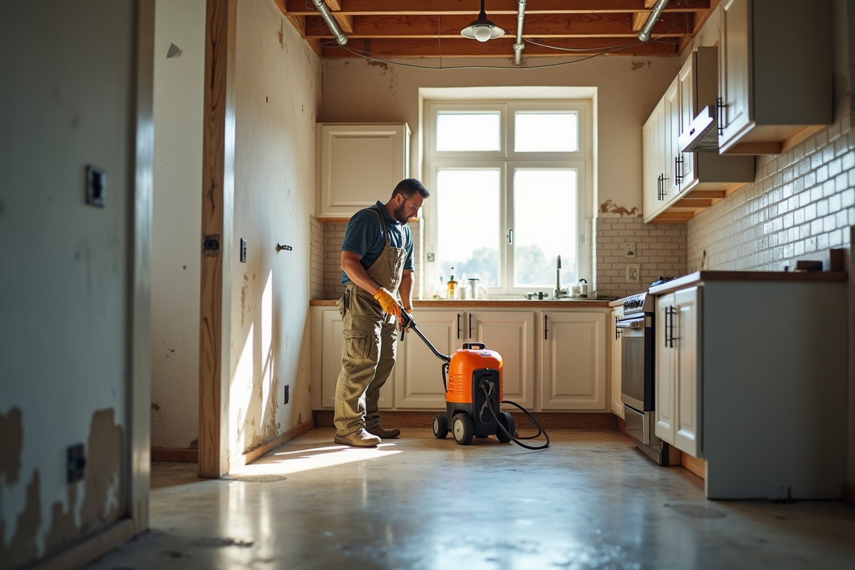 Cuisine en rénovation avec professionnel utilisant équipement contre l