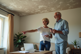 Couple examine des taches d'eau au plafond du salon