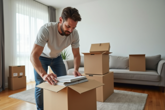Homme emballant des livres dans des cartons dans un appartement moderne