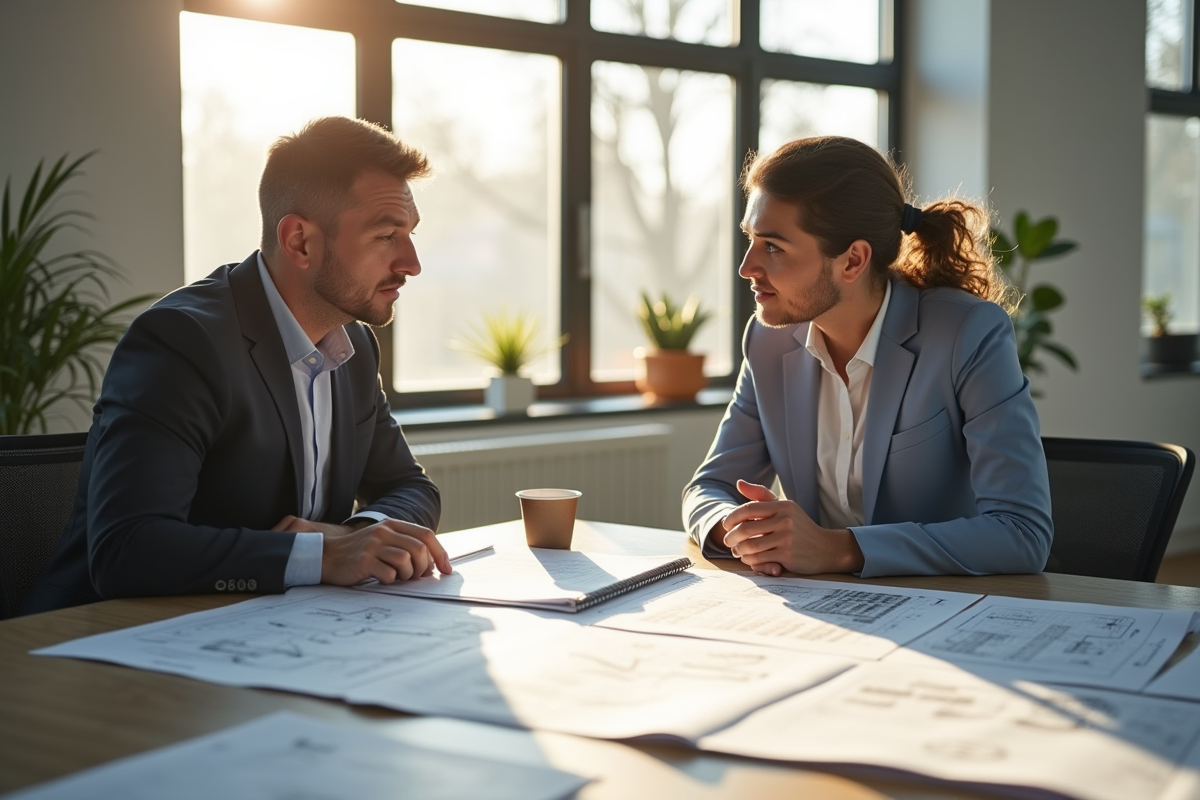 Professionnel discutant plans architecturaux avec client dans un bureau lumineux