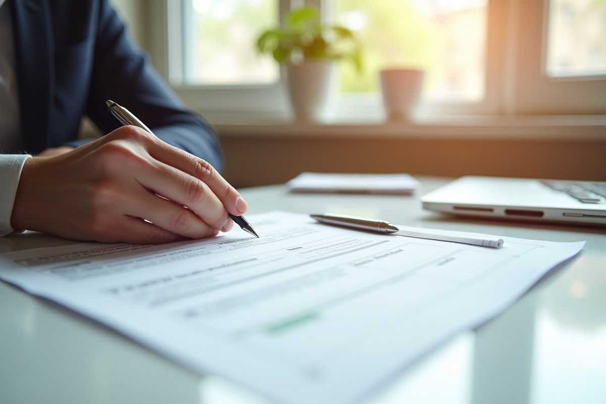 Mains tenant un document officiel belge avec stylo sur bureau lumineux