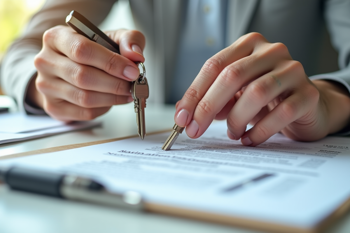 Main échangeant des clés et un stylo sur un dossier immobilier