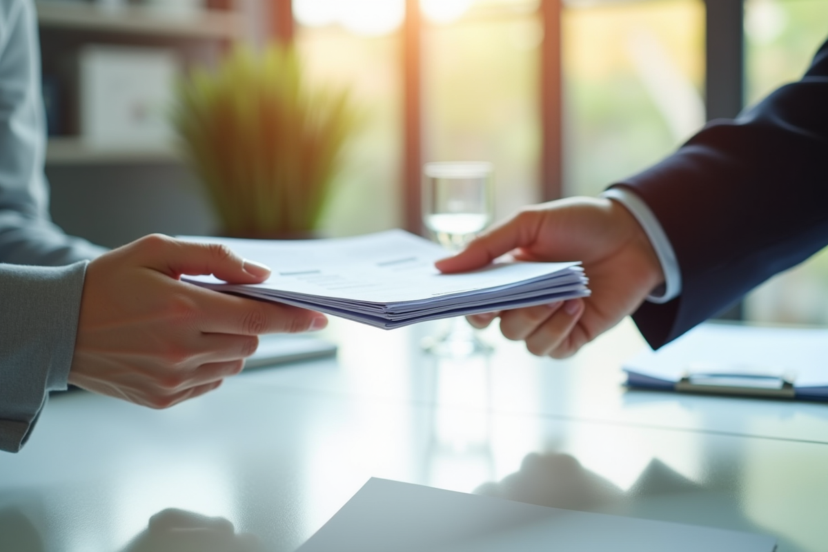 Main remettant des reçus à un agent de bureau lumineux