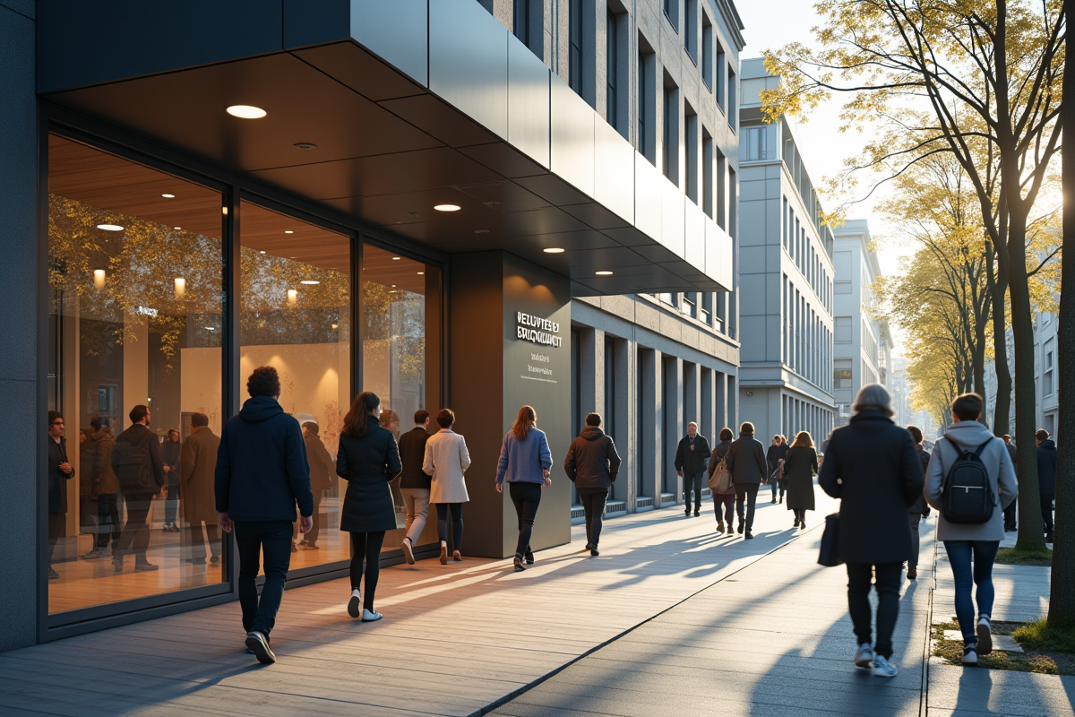 Façade d un bureau administratif belge avec personnes entrant et sortant